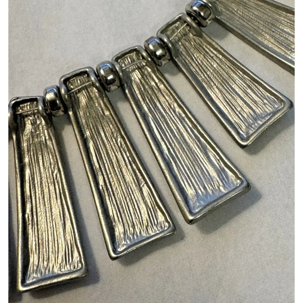 NY‎ Silver Tone Brushed Metal Geometric Fringe Bib Statement Necklace Chain